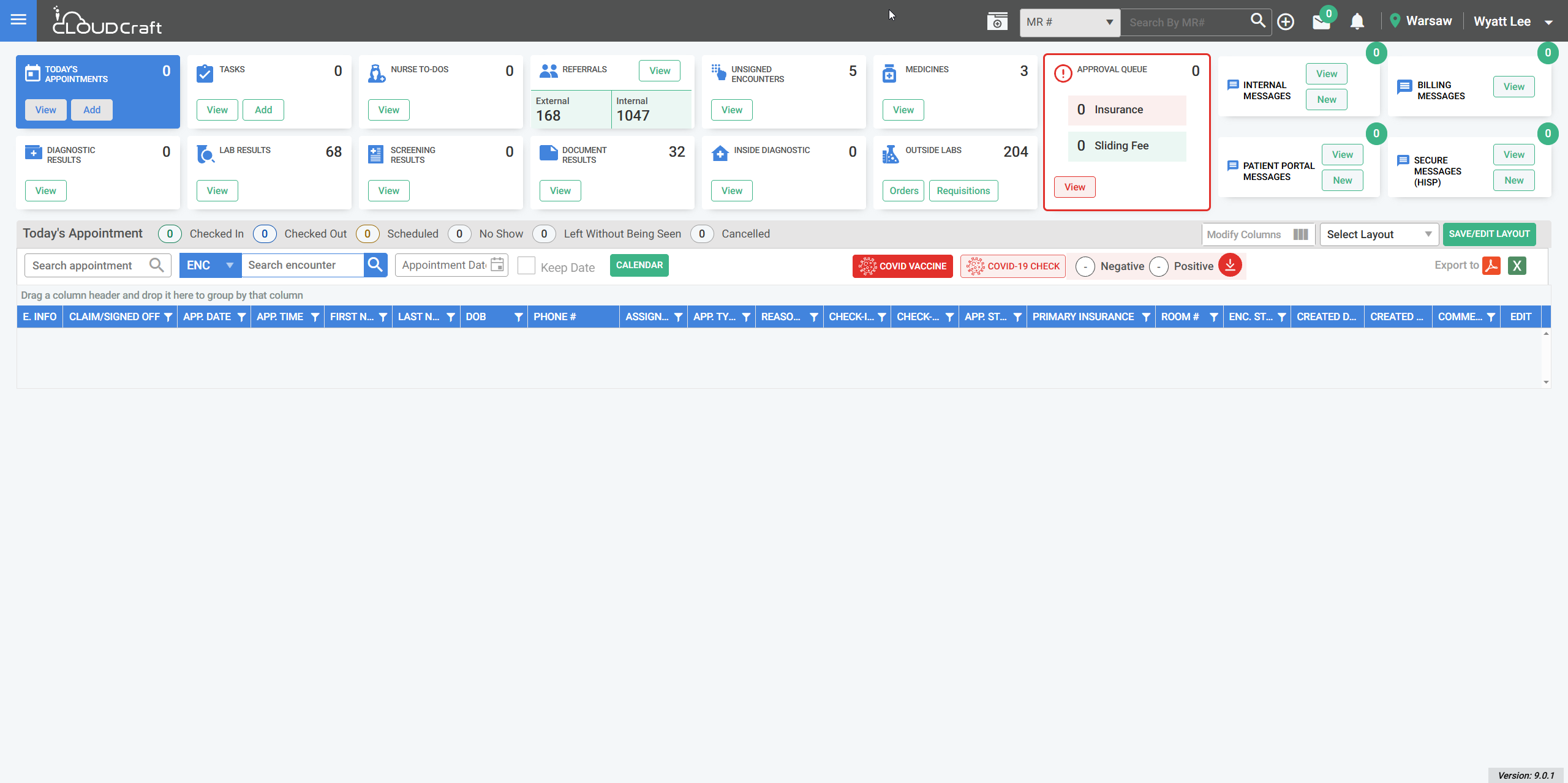 CloudCraft EMR dashboard showing appointments, tasks, and billing queues