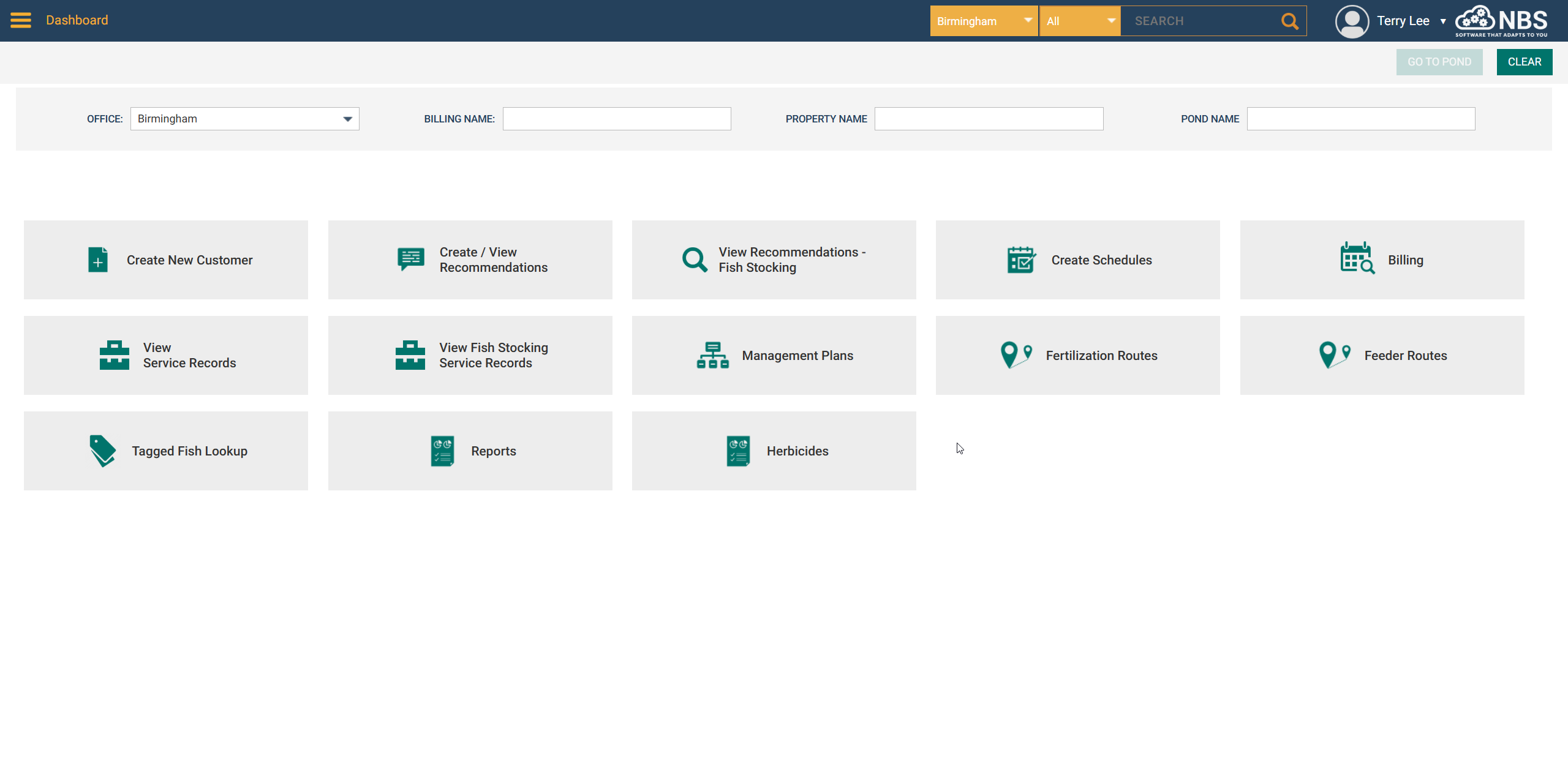 Southeastern Pond Management dashboard showing field operations menu